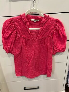 Textured Hot Pink Puff-Sleeve V-Neck Blouse
